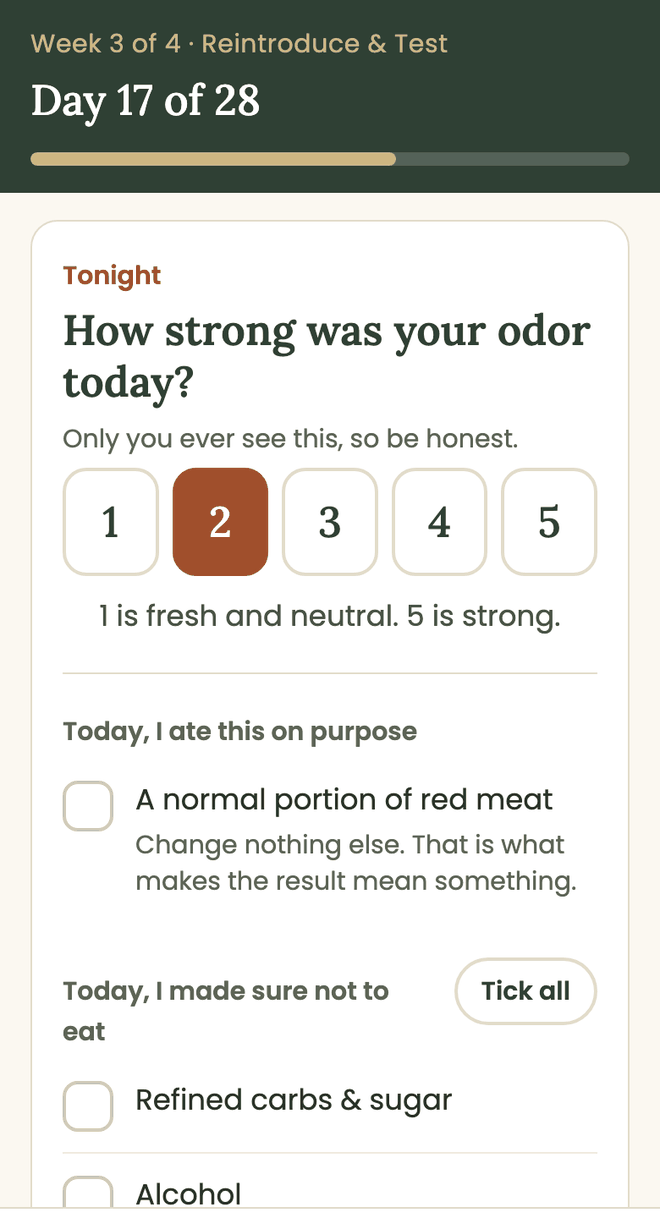 Tonight's entry: tap a number from 1 to 5, then tick what you ate and what you skipped