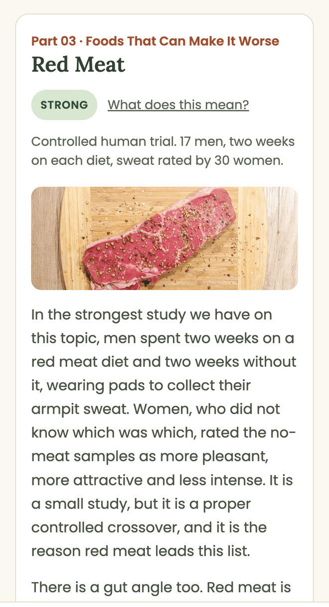A section of the guide open in the program: Red Meat, graded STRONG, with the study it rests on and a photograph