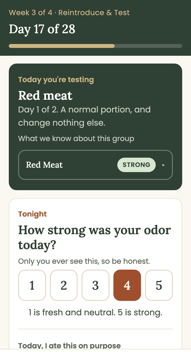 The program on a phone, showing day 17 of 28, the food being tested that day, and tonight's score